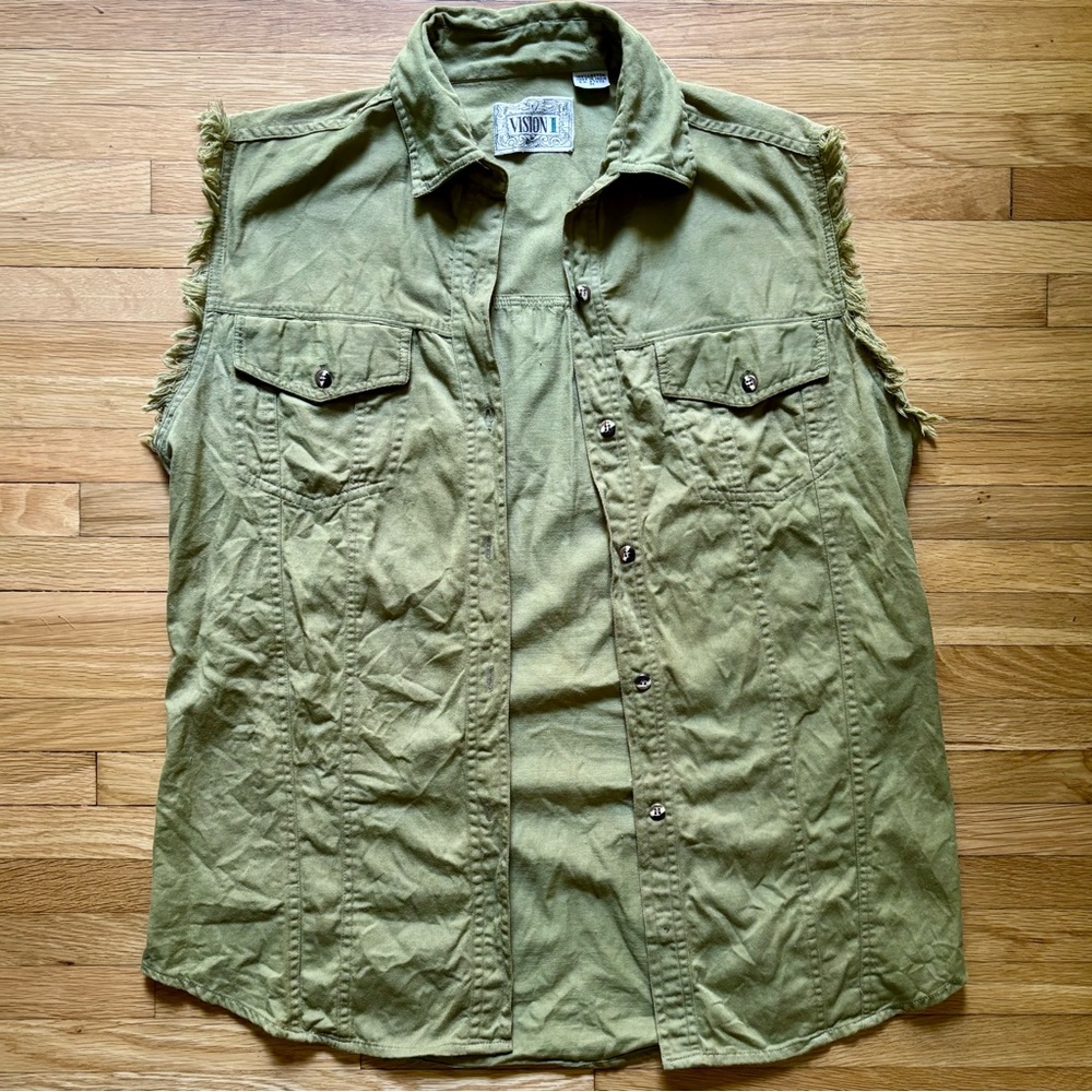 VTG Cut Off Button Up Army Green Distressed Vision 1 Womens L Punk Grunge 90s